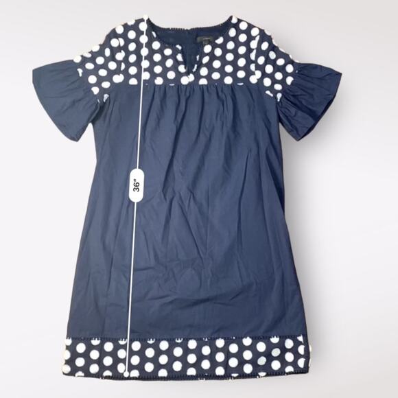 J.Crew Navy Blue White Bell Short Sleeve Fringe‎ Polka Dot Shift Dress Size 8 - Picture 3 of 7